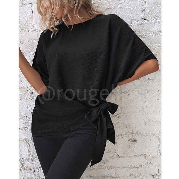 Side Tie Black Blouse Top Flowy Batwing Sleeve Relaxed Fit - Picture 1 of 7